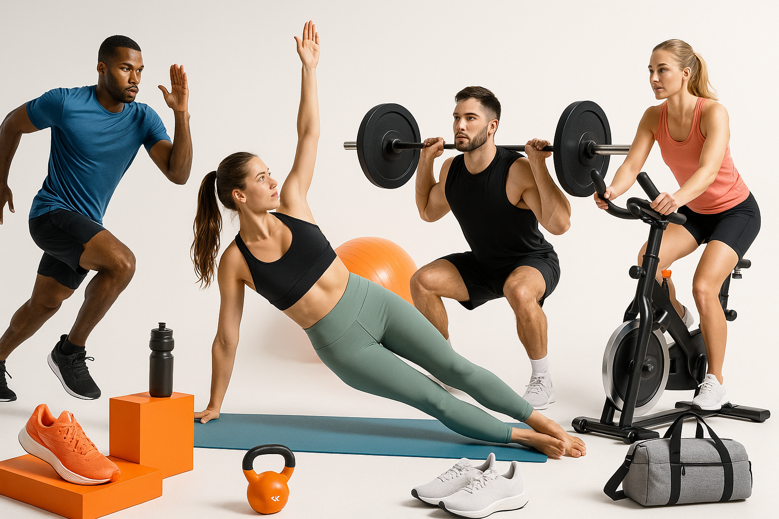 A high-energy hero image for a modern sports and fitness online store. Show athletic men and women in action — running, lifting weights, doing yoga, and using gym equipment in a bright, dynamic environment. Include sports gear, fitness apparel, sneakers, and accessories displayed stylishly. The setting should feel motivating, with a clean, minimalistic background and strong lighting that emphasizes movement and strength. The image should look premium, realistic, and suitable for a Shopify homepage banner.